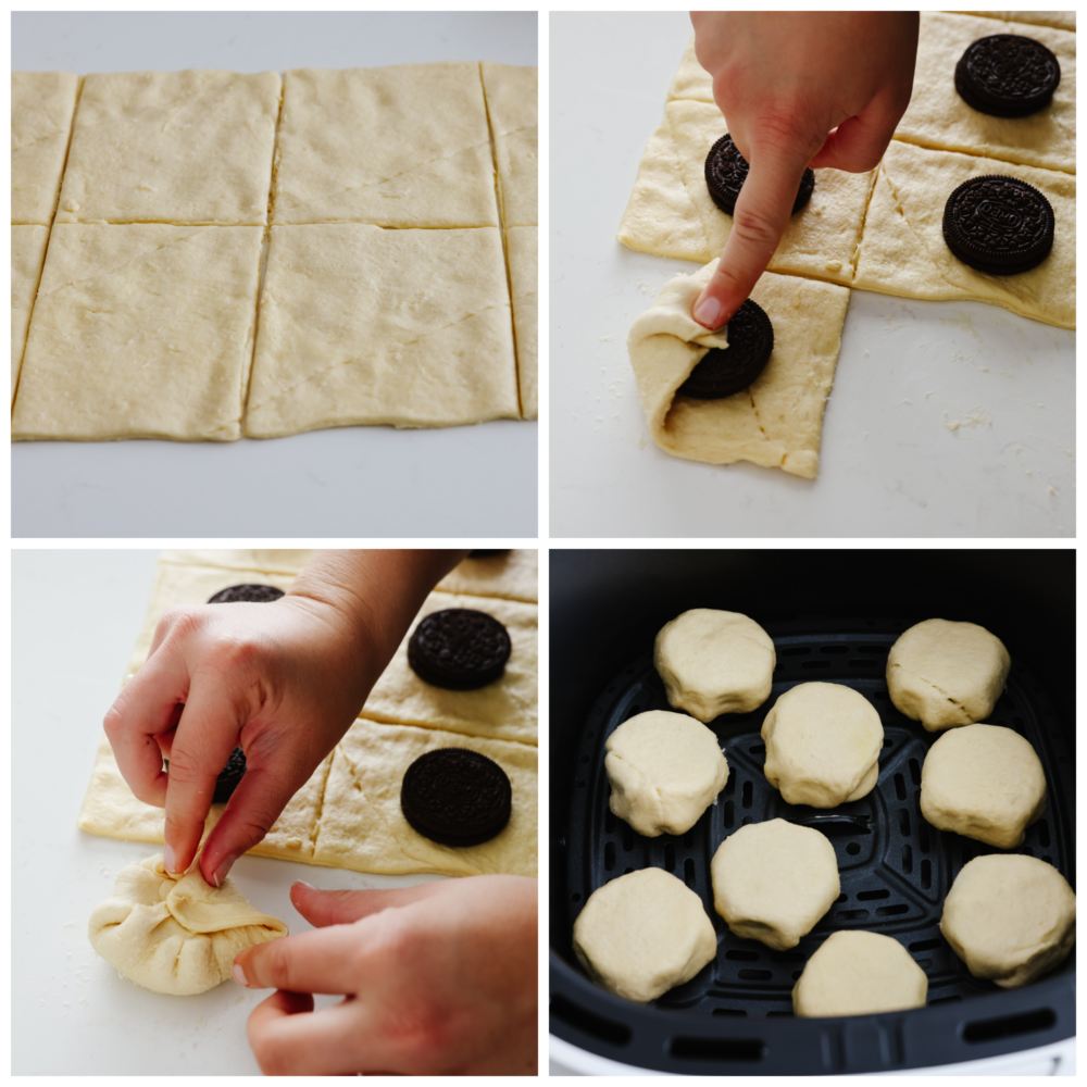 Get all the deliciousness of deep-fried Oreos without the mess or calories in this quick and easy air fryer Oreos recipe! It only takes 3 ingredients to make them and theyโll have the whole family hooked! 4-photo collage of air fryer Oreos being formed and placed in an air fryer basket.