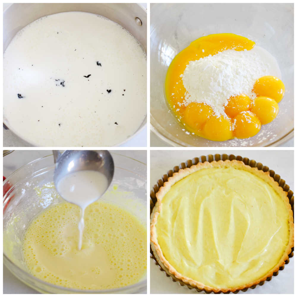 A buttery, flaky homemade crust, vanilla bean custard filling, and juicy berries make this berry tart the ultimate summer dessert! It's a beautiful and delicious way to showcase all the best fruit this season has to offer! 4-photo collage of custard filling being prepared.