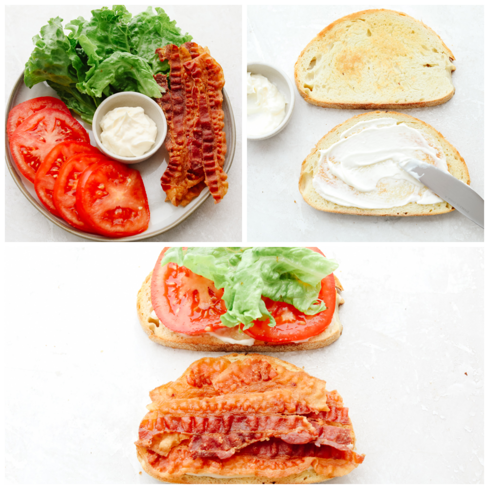 It's not hard to see why this classic summer sandwich is an American staple. BLTs are toasty, juicy, crispy, and flavorful - everything you could want from a sandwich! It's the perfect tasty lunch for a hot summer afternoon. 3-photo collage of a BLT being prepared.