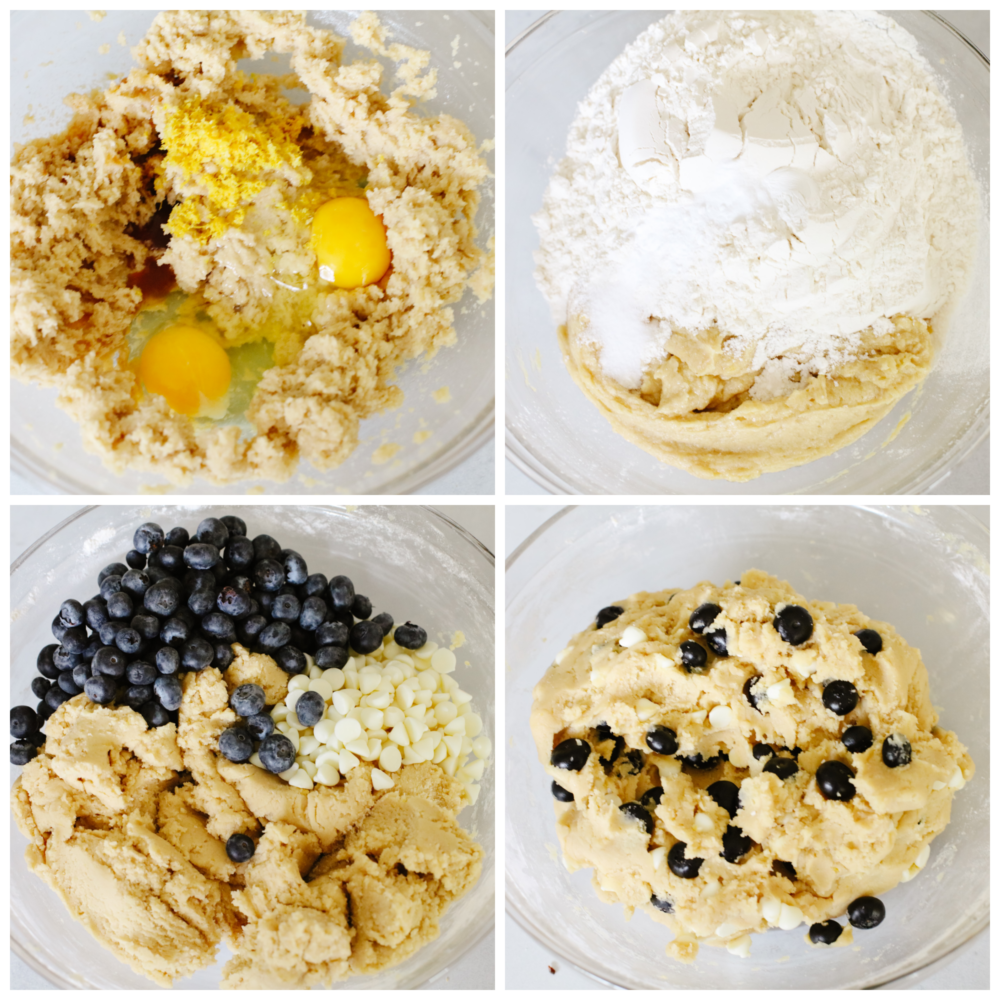 These blueberry cookies are packed with plump blueberries, white chocolate, and zesty lemon for an irresistible flavor combination! Bright, juicy, and sweet, this is one summer cookie recipe you wonโt want to miss. 4-photo collage of cookie batter being prepared.
