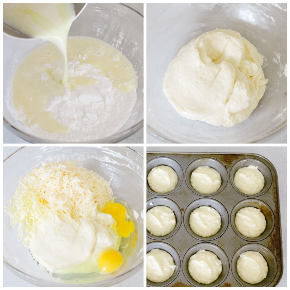 This delicious Brazilian cheese bread has a perfect combination of delicious taste and texture. Filled with pockets of airy goodness that taste so cheesy, you won't be able to stop at just one! 4 pictures showing how to make dough and put it into a muffin tin.