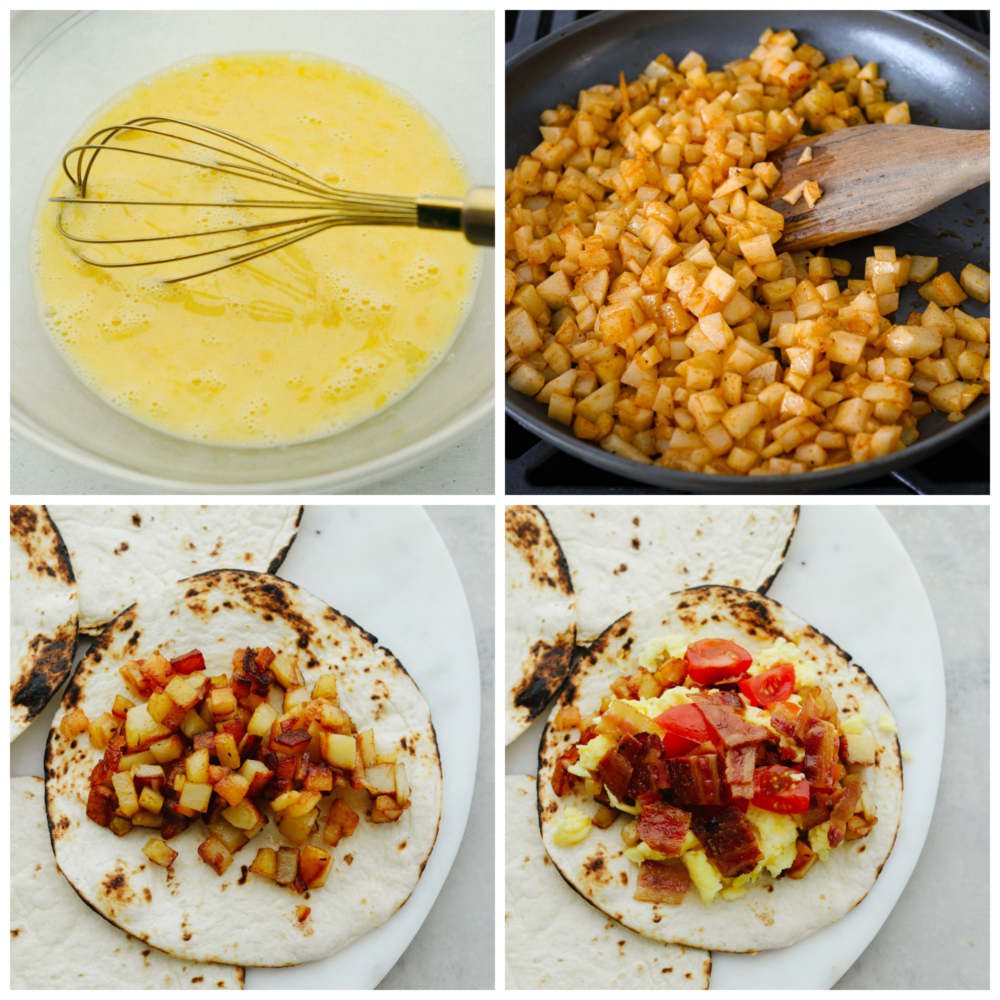 These delicious breakfast tacos are tortillas layered with potatoes, crispy bacon, soft scrambled eggs, and all the delicious toppings that you can think of! Filling and flavorful these tacos are the BEST way to start the day.ย 4 pictures showing how to make the potatoes and eggs and add them to a tortilla.