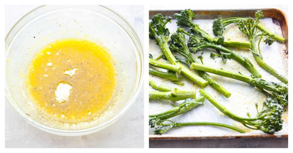 If you are looking for the perfect side dish that pairs well with everything, this lemon garlic broccolini is it! It's seasoned with delicious flavors and roasted to perfection! 2 pictures showing the ingredients combined in a glass bowl and then broccolini on a baking sheet with parchment paper.
