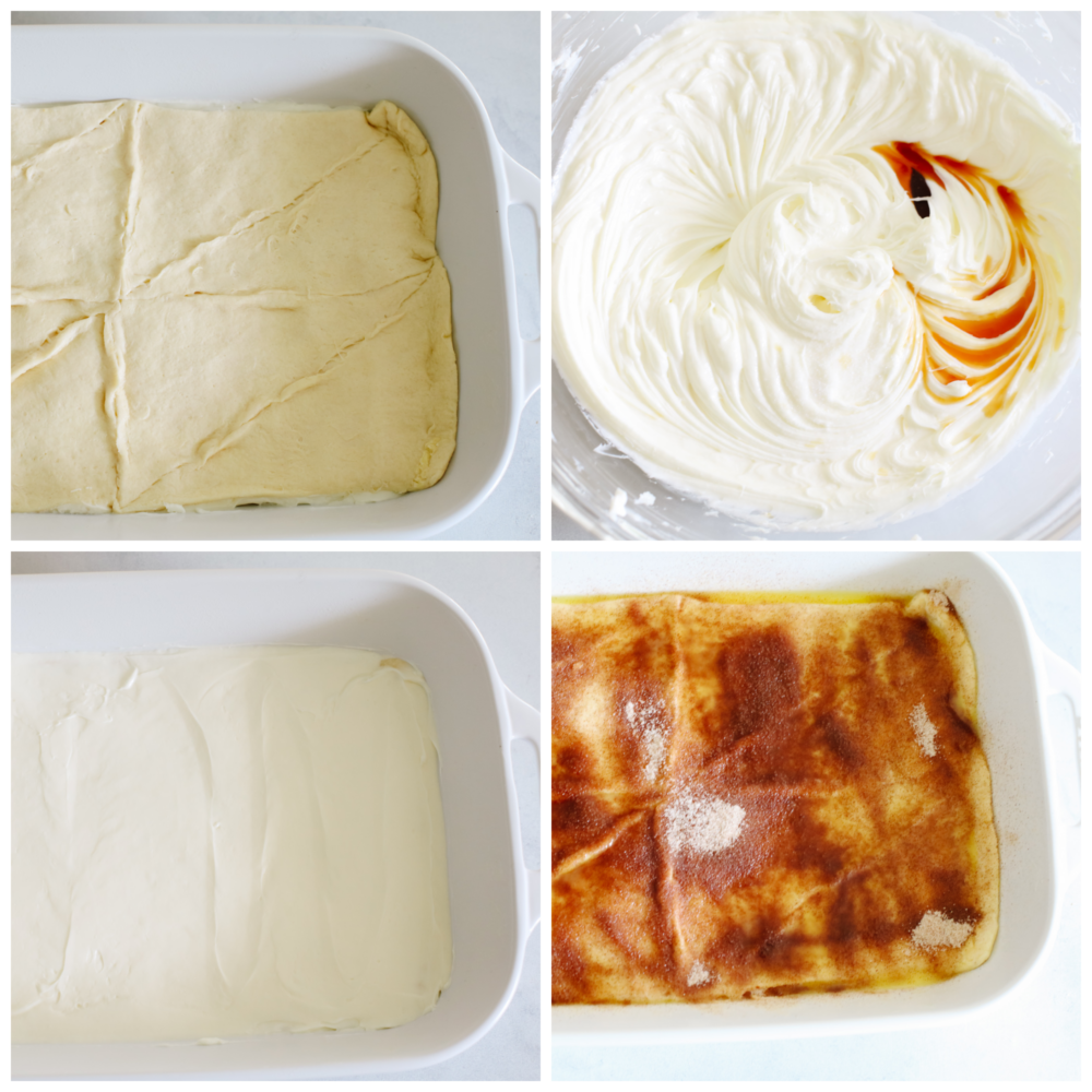 These sopapilla cheesecake bars have the most delicious flakey, cinnamon sugar crust on the top and the bottom. Sandwiched in between is a creamy cheesecake filling that everyone will go crazy over! 4 pictures showing how to add the crescent dough and the filling to the pan.