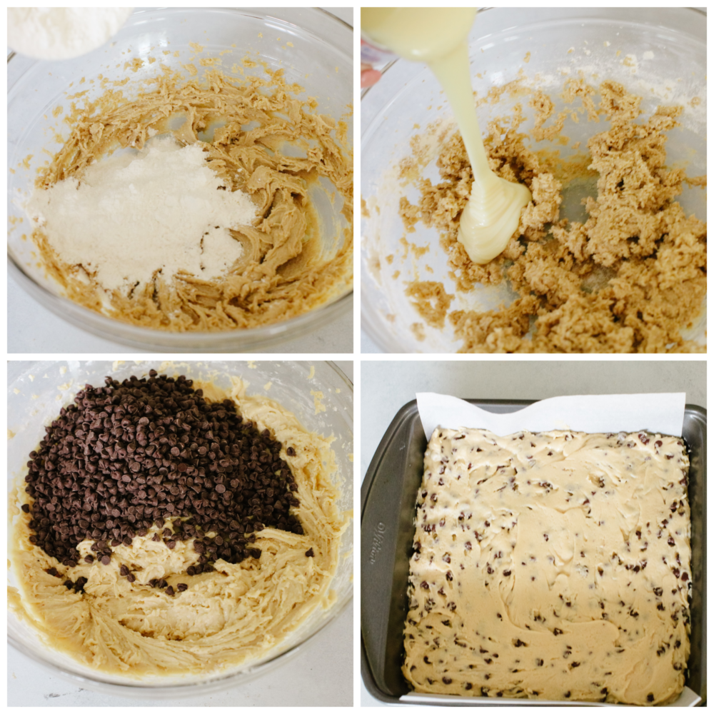 Get ready for these chocolate chip cookie dough bars to become a favorite you makeย all the time!ย Perfectly creamy and delicious (and with no raw egg), these bars will get devoured by anyone lucky enough to eat them! 4 pictures showing how to make the dough and press it into a pan to make bars.