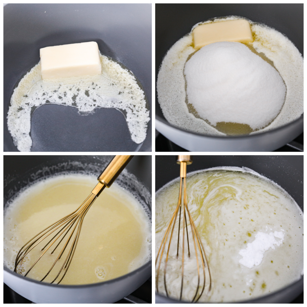 Coconut syrup is going to be your new favorite breakfast addition! Itโs creamy, sweet, and will coat pancakes and waffles in delicious, nutty flavor. 4-photo collage of butter being melted in a skillet and mixed with the other syrup ingredients.