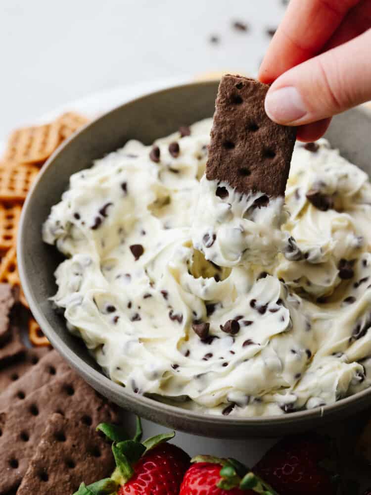 Get ready cookie dough lovers! This chocolate chip cookie dough dip is made for you. Now, you can combine your favorite cookie dough taste with pretzels, fruits, and other cookies making this the best dip you've ever had! A close up of a chcolate cracker being dipped into chocolate chip cookie dough dip.