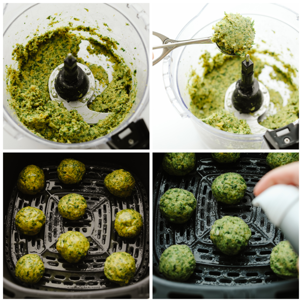 Delicious air fryer falafel is a healthier and easier version without having to fry anything in oil. With a crispy outside shell and a tender center, this falafel is packed with flavor and nutrition. Four photos of how to make falafel. First photo is blended ingredients in a food processor. Second photo is scooping balls of the mixture with a cookie scoop. Third photo is placing balls in the air fryer. Fourth photo is spraying the balls with non stick cooking spray.