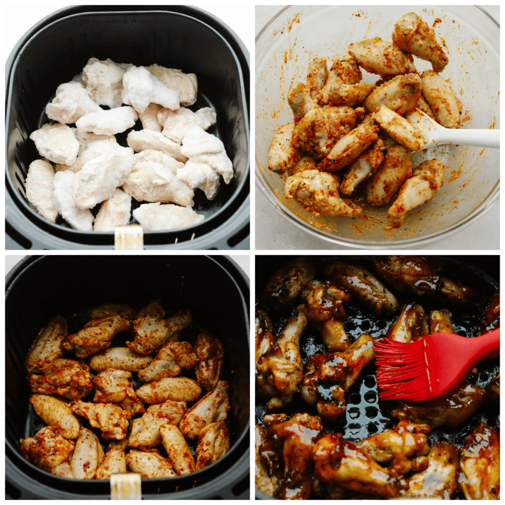 Making your frozen chicken wings in the air fryer is the only method to use, no thawing required! Along with this easy-to-make honey buffalo sauce, you'll never want them any other way! 4-photo collage of wings being brushed with sauce and cooked in an air fryer.