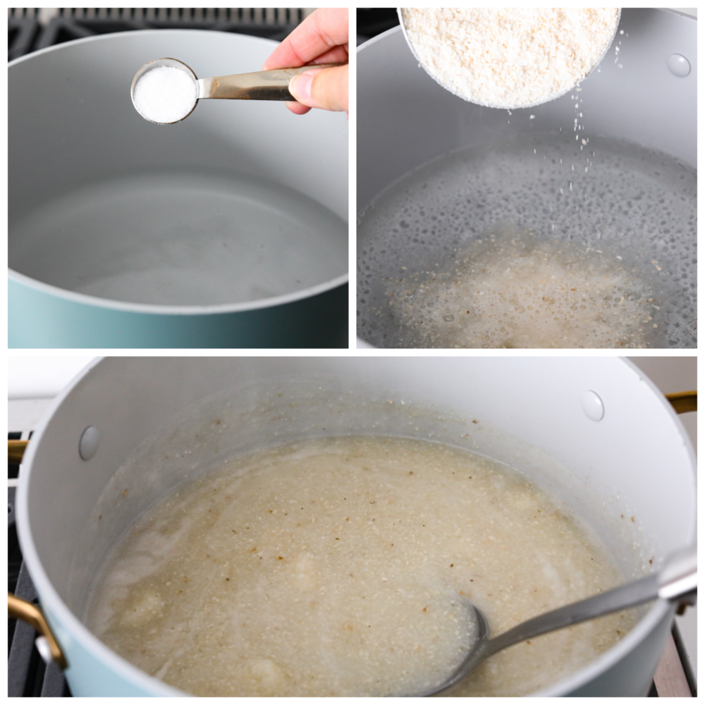 Southern grits are the perfect breakfast (or lunch or dinner!) option. They are the creamiest and most delicious addition to your morning meal, and everyone in your family will be able to make these. They are that easy! 3 pictures showing how to add ingredients to pot.