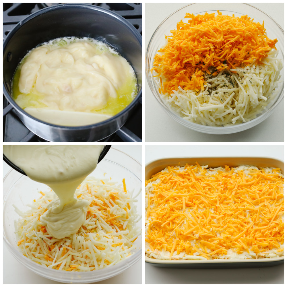 Hashbrown casserole is the ultimate cheesy comfort food! This creamy, hearty dish is perfect for potlucks, parties, and to serve as a side! 4-photo collage of casserole filling being prepared.