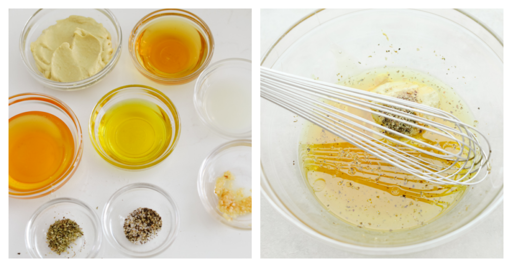 Homemade honey mustard dressing will give any salad the best boost of sweet and tangy flavor. You only need a handful of simple ingredients to whip it up. Once you've made it yourself, you won't want it any other way! 2-photo collage of dressing ingredients measured out and then being whisked together.