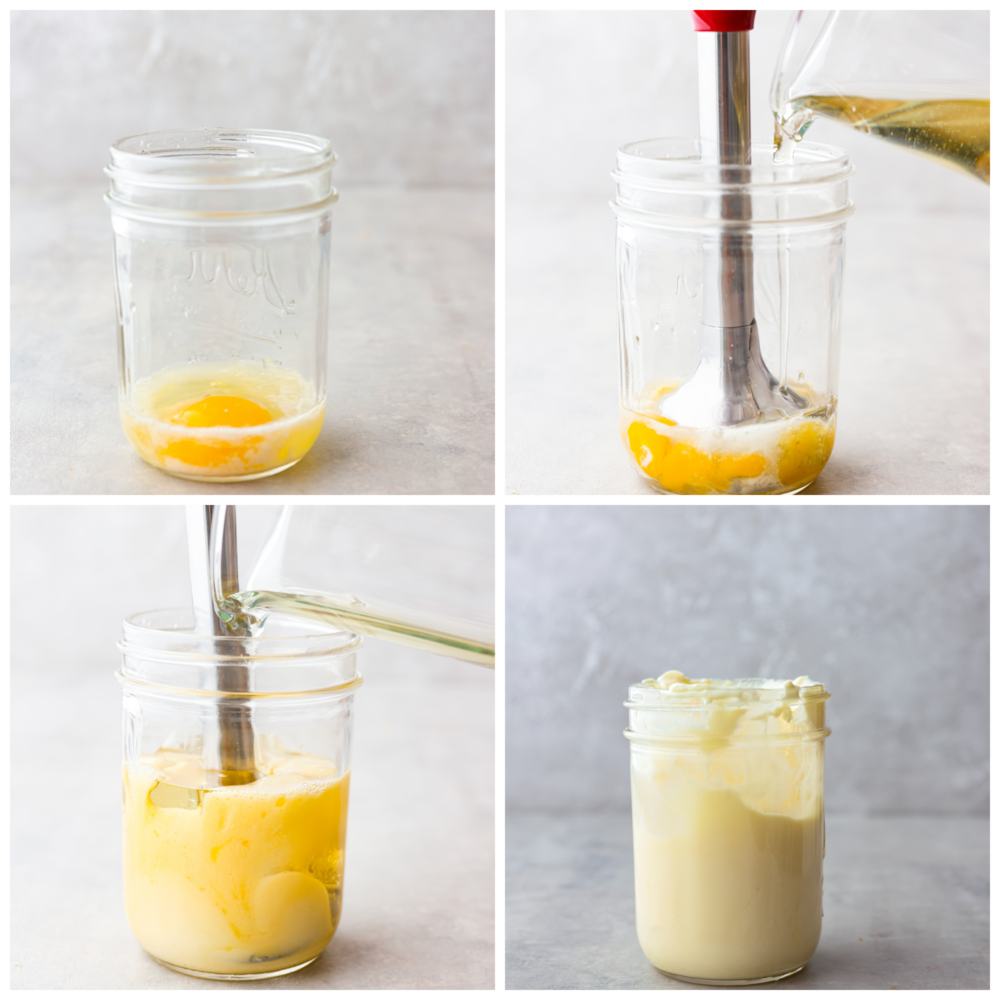 Easy homemade mayonnaise is fresh and convenient to make right at home. With just a few ingredients, you can make this delicious and versatile condiment to use on sandwiches or in dips and sauces! Four process photos of how to make mayonnaise. First photo is a mason jar with egg, lemon juice, and salt. Second photo of hand blender blending in the oil as it pours in. Third photo is the hand blender blending all the ingredients in the mason jar. Fourth photo is the creamy finished mayonnase in the mason jar.