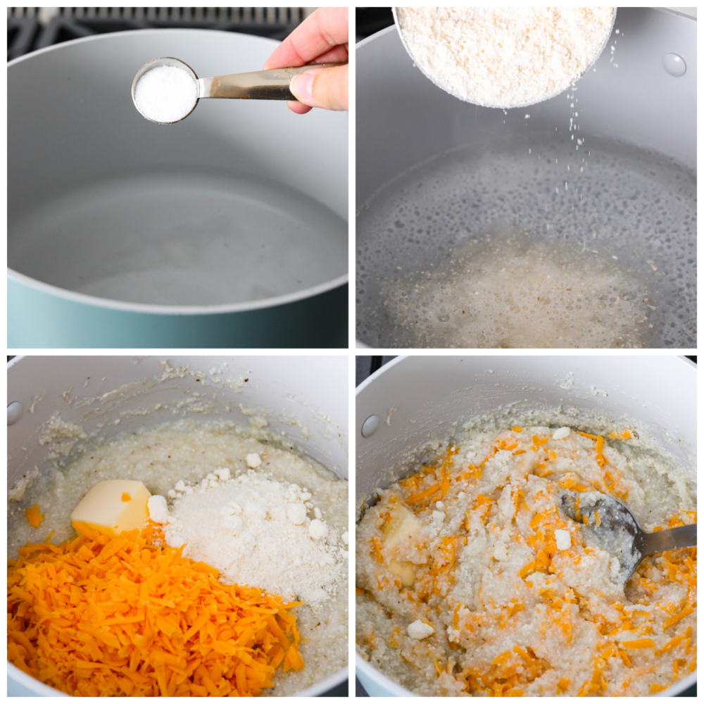 Creamy, cheesy, and comforting grits are a classic Southern dish. Slow-cooked cornmeal creates a deliciously smooth texture with a rich cheesy flavor. First process photo of a large pot with water and salt being added. Second photo is grits being added to a pot of boiling water. Third photo is butter, cheddar cheese, and parmesan cheese added to the pot of grits. Fourth photo is a metal spoon stirring the cheese into the grits.
