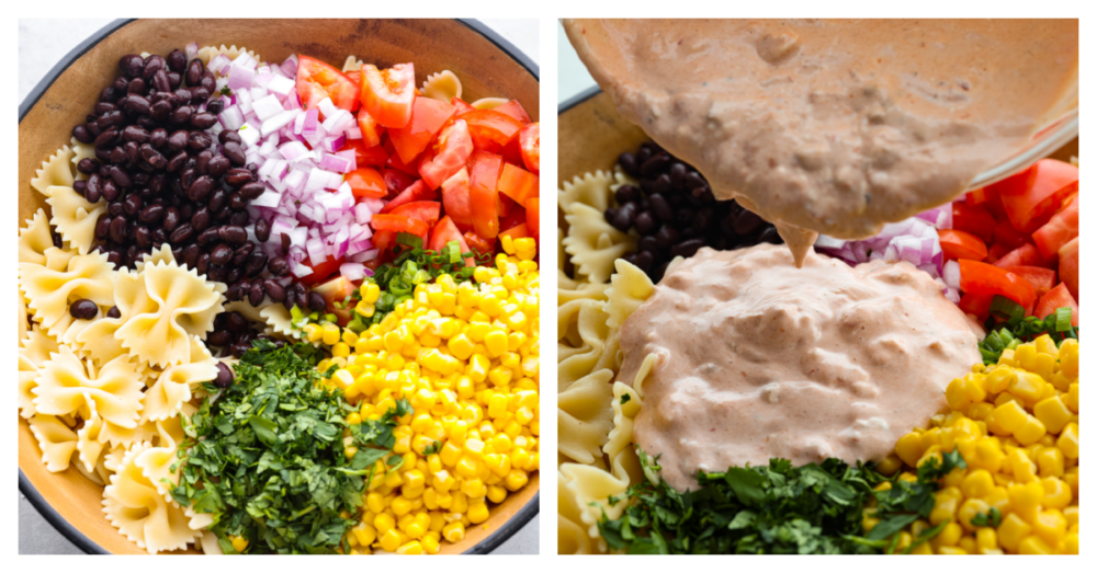 Mexican Pasta Salad is an unbelievably easy and flavorful pasta salad that is filled with colorful ingredients like black beans, tomatoes, and corn.ย With a creamy dressing and spices from onion, cilantro, and cumin, this delicious pasta salad will be the hit of your summer barbecues for sure! 2 pictures showing the ingredients in a bowl (not mixed together) and the dressing being poured on them.