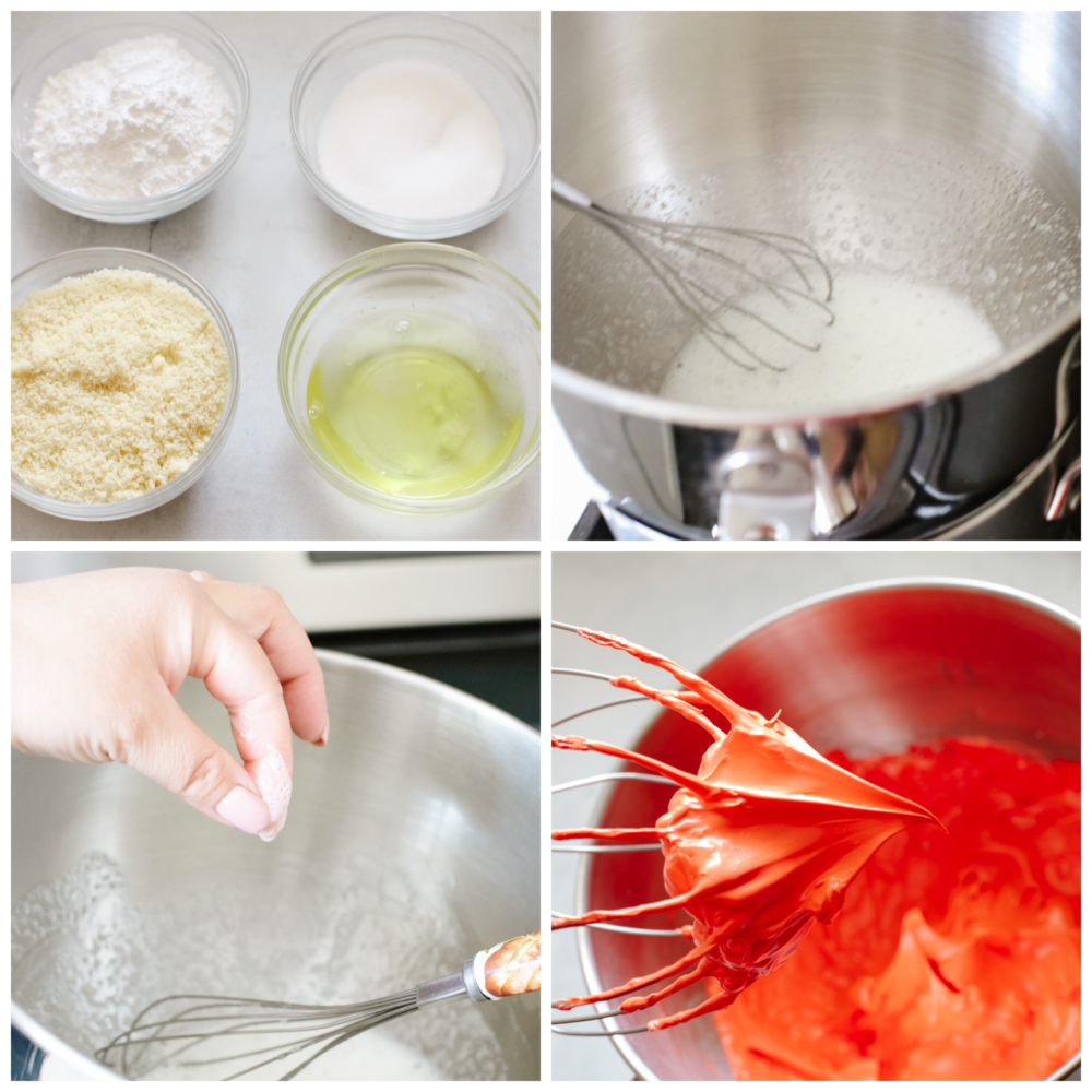 Inspired by Jolly Holiday Bakery Cafe in Disneyland, these raspberry rose Mickey macarons are a beautiful and delicious dessert. A light and airy shell paired with a creamy, raspberry mousse filling makes them absolutely irresistible. 4-photo collage of macaron batter being prepared.