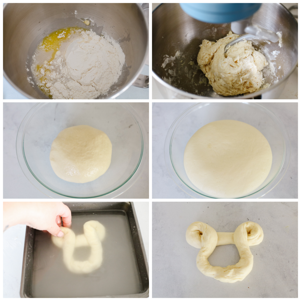 Disney fans, these pretzels are for you! They are golden brown on the outside, have a soft texture on the inside, and are topped with coarse salt. And, they are shaped like Mickey! A soft pretzel doesn't get much better than that! 6 pictures showing how to make the dough and form it into a Mickey shape.
