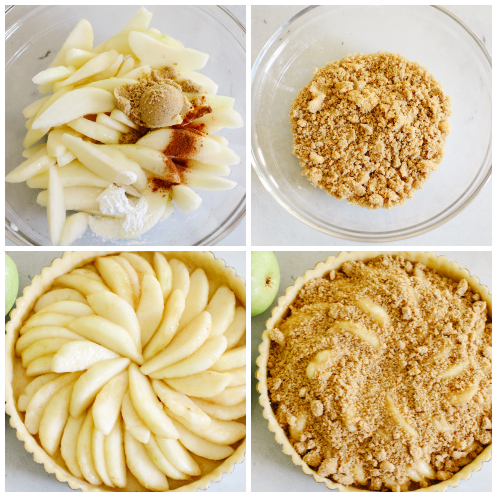 This pear tart is as delicious as it is gorgeous! It has a perfectly flaky crust topped with sliced pears and covered with a delightful brown sugar crumb topping. 4 pictures showing how to make the crumb topping and assemle a pear tart.