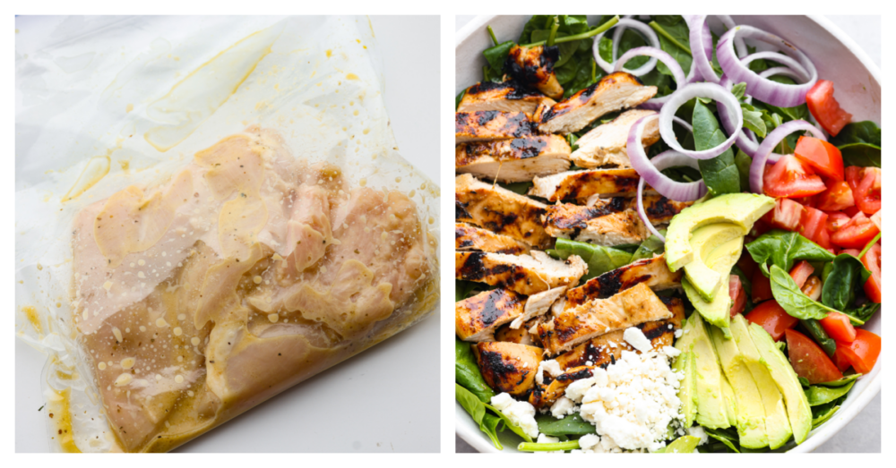 This honey mustard chicken salad is easy to put together and is bursting with flavor. Plus, it's hearty enough to be a complete meal for dinner and leave you fully satisfied. 2 pictures showing how to marinate the chicken and a picture of the salad ingredients in a bowl.