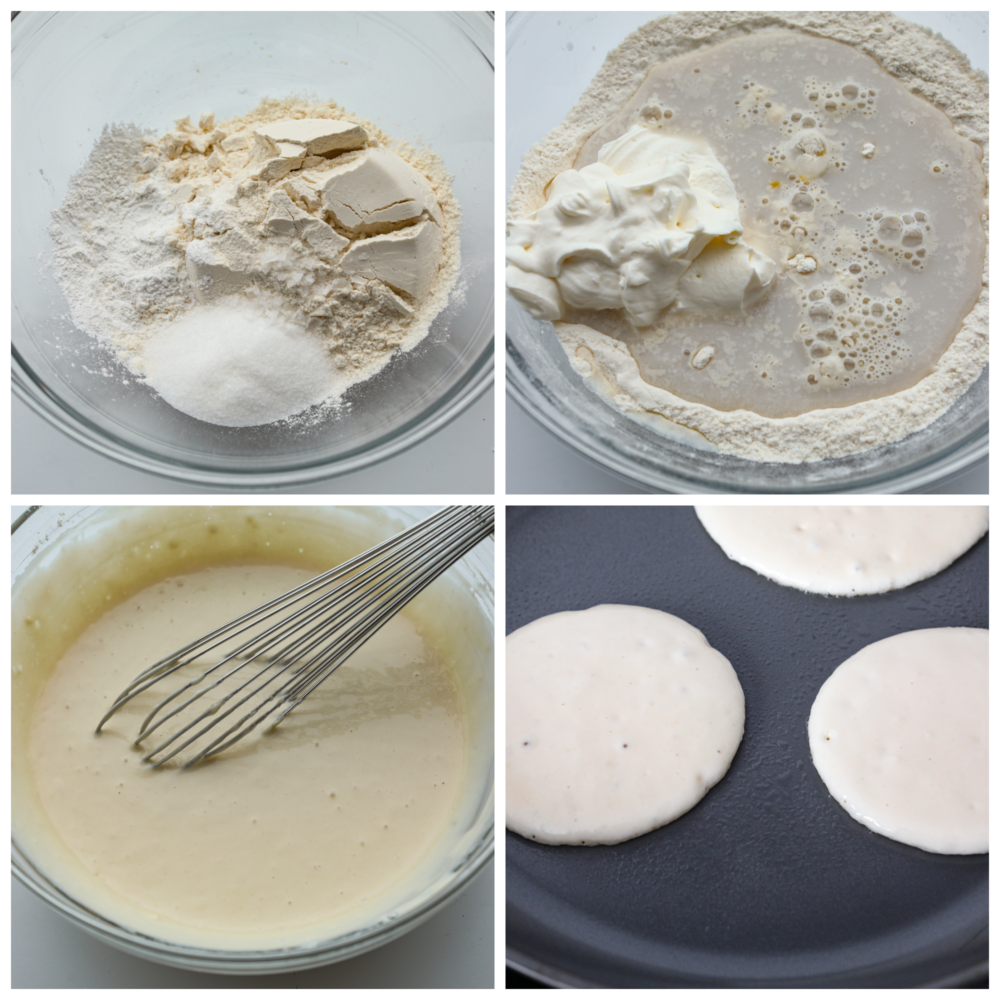 These sour cream pancakes are perfectly fluffy and soft. Their delightful taste pairs perfectly with any syrup that you love and your entire family will go crazy over these! 4 pictures showing how to make sour cream pancake batter and add the batter to a griddle.