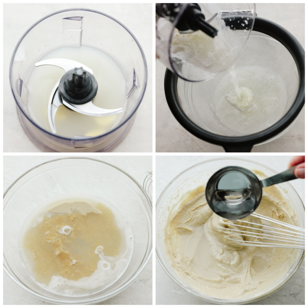 Get ready for the best tahini sauce that you have ever tasted! This makes any falafel, vegetable or salad taste better and it takes less than 5 minutes to put it all together! 4 pictures showing how to add the ingredients to a food processor and blend them together.