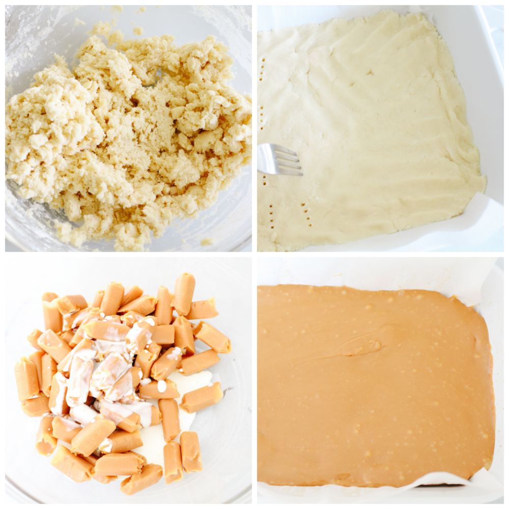 These taste exactly like a Twix bar with a delicious shortbread crust, caramel center, and a chocolate layer on top. The best part about them is that you can make them right at home! 4 pictures showing how to make the crust and the caramel layer.