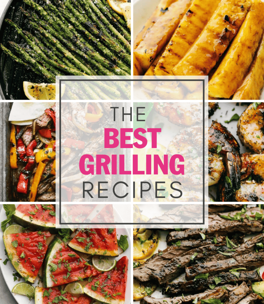 These grilling recipes are the BEST and have so much flavor in each dish! Grill to perfection with each of these delicious and simple to make recipes! A collage of 6 pictures of grilled foods with the words "The Best Grilling Recipes" in the middle.