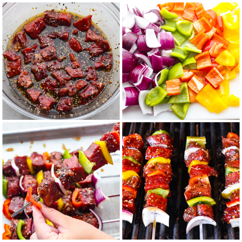 Grilled Asian Garlic Steak Skewers are marinated in a delicious Asian garlic sesame sauce and grilled to tender and juicy perfection. ย A fun and unique addition to any gathering! 4 pictures showing how to marinate the steak, cut up the veggies and cook them on the skewers.