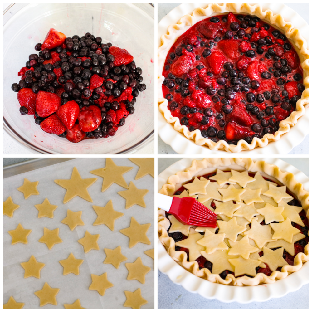 A patriotic fourth-of-July triple berry pie made simple with easy ingredients! This berry pie is bursting with juicy flavor and almost looks too good to eat. It's the perfect centerpiece for any summer celebration! 4-photo collage of a berry pie being prepared.