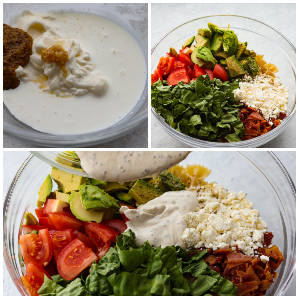 BLT Avocado Pasta Salad is fresh and crisp romaine lettuce tossed in bacon, tomato, pasta, and avocado. Topped with a creamy dressing and sprinkled with feta cheese this is one amazing salad! 3 pictures showing how to make the dressing and toss it with the salad in a glass bowl.