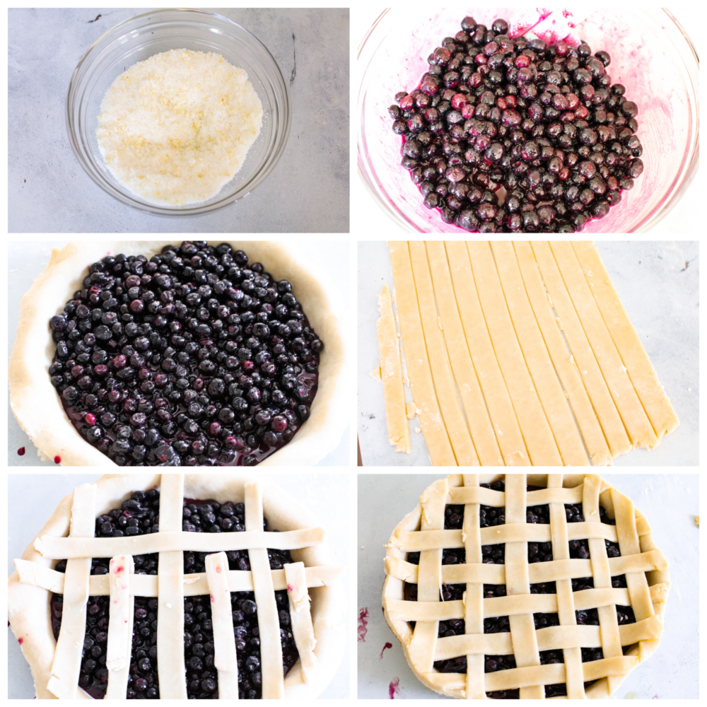 This classic blueberry pie is a fresh and delicious dessert that's made for summertime! Filled with blueberries and topped with the most delicious and beautiful lattice crust, this pie is sure to impress any guest. 6 pictures showing how to assemble a blueberry pie and add on the lattice crust.