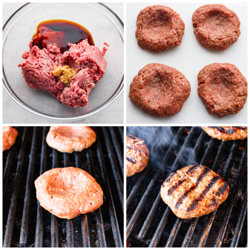 4 pictures showing how to make the hamburger patties and cook them on the grill.