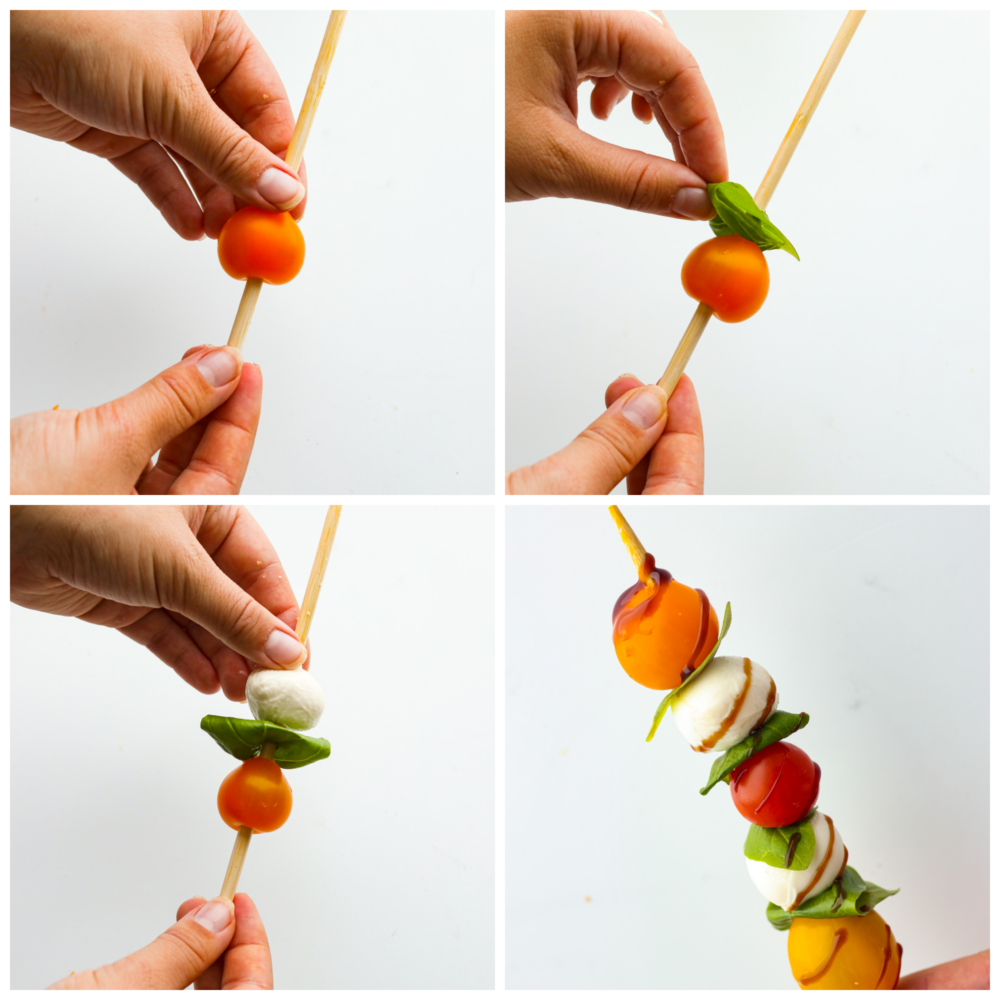 Caprese skewers are a 4-ingredient appetizer that is so simple but guaranteed to impress! Made with cherry tomatoes, mozzarella, fresh basil, and an easy balsamic reduction, they imitate classic Caprese salad, only made portable on a skewer! 4-photo collage of skewers being prepared.