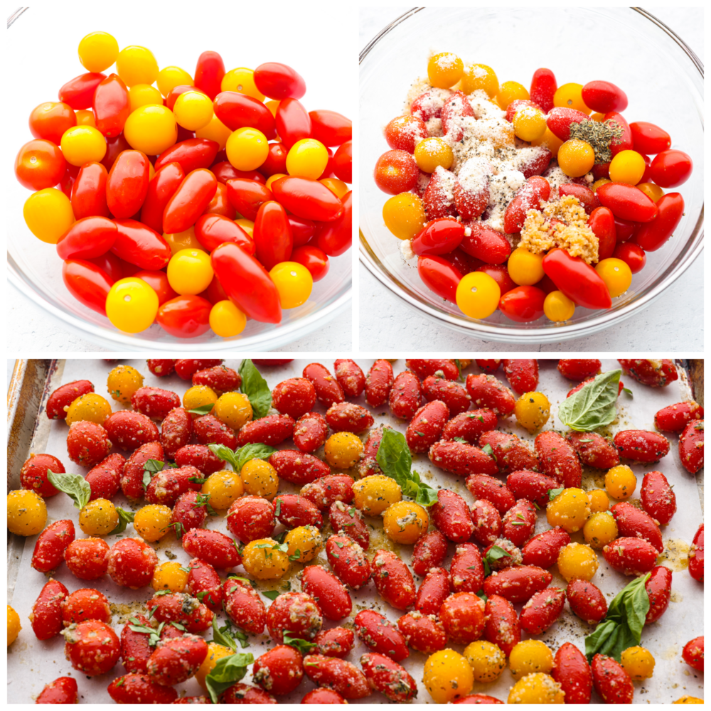 These roasted cherry tomatoes are seasoned with garlic and basil and literally bursting to perfection. It's a simple and delicious side dish that you will want to pair with every meal! 2 pictures of cherry tomatoes in a glass bowl being coated with the seasoning and an third picture showing the coated tomatoes on a baking sheet with parchment paper.