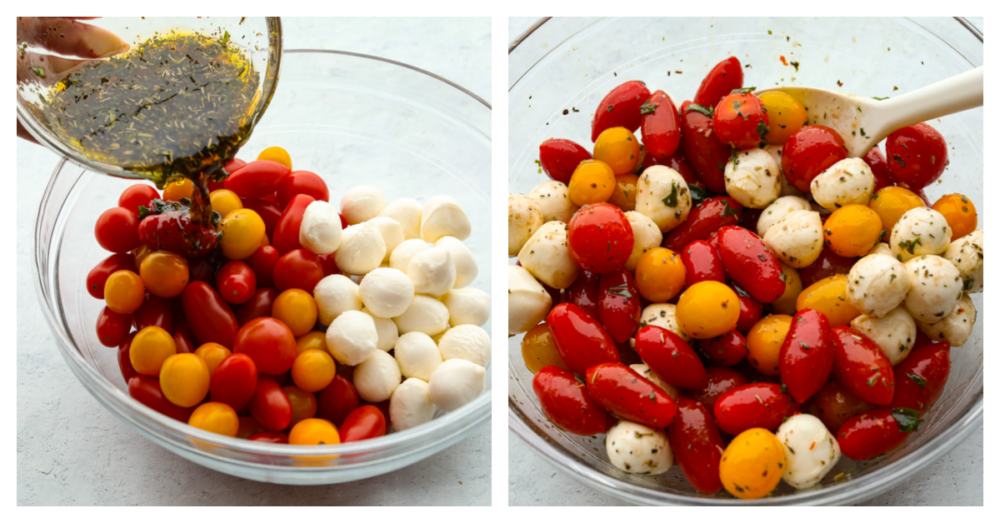 This cherry tomato salad is made with flavorful herbs, delicious cherry tomatoes, and fresh mozzarella! Coated in a delicious lemon basil dressing, this salad will soon be your new favorite! 2 pictures showing the ingredisnet for cherry tomato salad in a glass bowl with the dressing being poured on and mixed in.