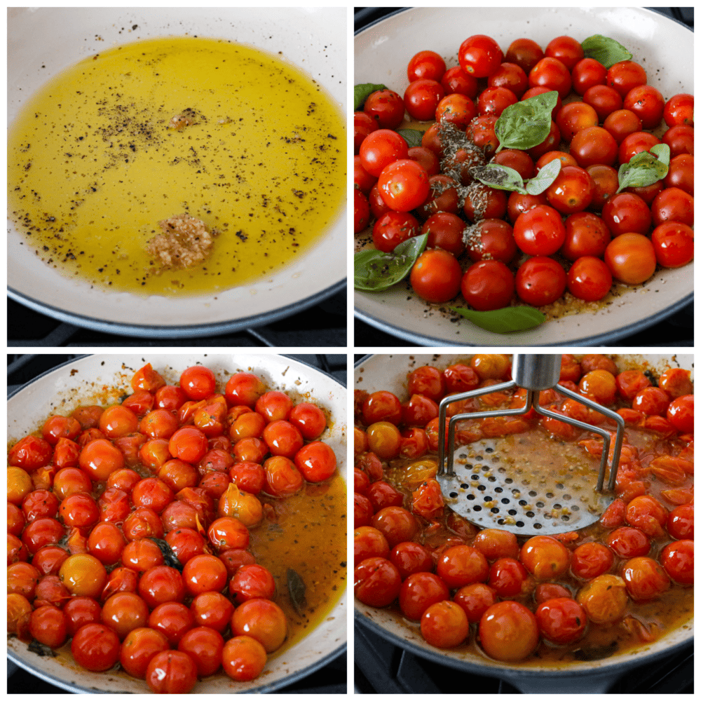 With just a few ingredients you can easily make tomato sauce using cherry tomatoes. Cherry tomatoes infused with fresh garlic and Italian seasonings make this cherry tomato sauce perfect for pasta, on top of roasted vegetables, or with a side of artisan bread. Four process photos of how to make cherry tomato sauce. First photo is olive oil and garlic in a large skillet. Second photo is the cherry tomatoes, seasonings, and fresh basil added to the skillet. Third photo is the cooked tomatoes and seasonings in skillet. Fourth photo is mashing the tomati in the skillet.