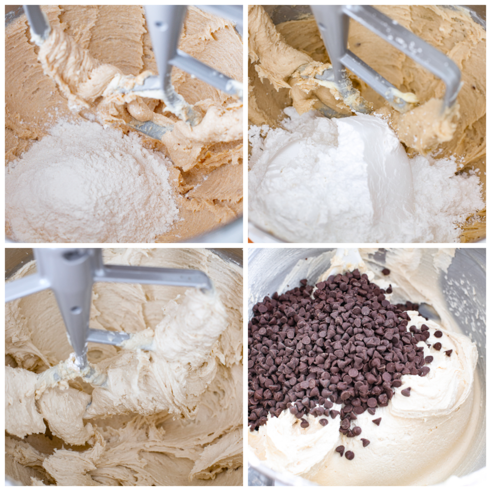 This scrumptious frosting is as sweet and irresistible as cookie dough! Add it to your favorite desserts for a pop of creamy decadence! 4-photo collage of frosting ingredients being mixed together.