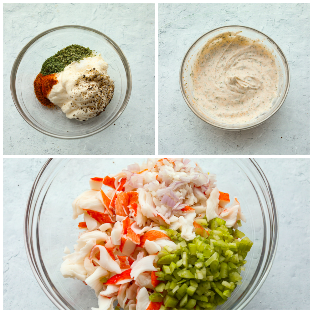 This delicious crab salad is hearty and cool, perfect for sandwiches or a side dish! Each bite is loaded with meaty crab, lemon, fresh herbs, and a hint of spice for flavor you won't be able to resist. 3-photo collage of salad ingredients being mixed together.