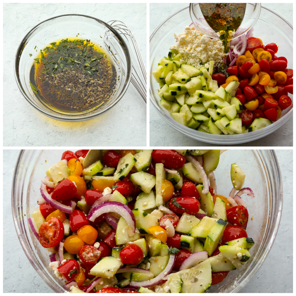 Chilled Cucumber Tomato Salad is a refreshing salad made with fresh ingredients that everyone can enjoy all year round. It's fast, easy, and can be made ahead, making it perfect for any potluck! 3 pictures showing how to add the dressing and toss it in the salad.