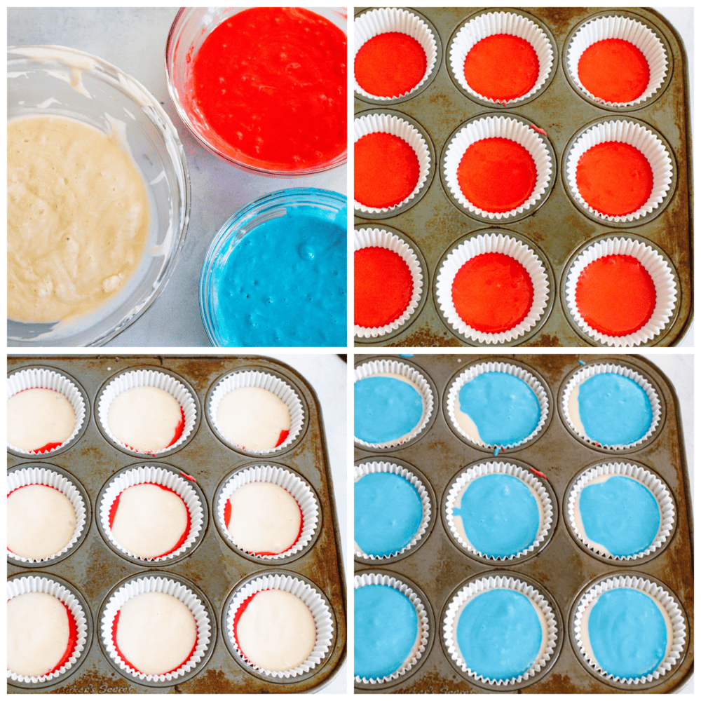 These festive red, white and blue cupcakes are perfect for celebrating the 4th of July this year! They are tender, moist, and swirled with all the colors perfect for celebrating! 4 pictures showing how to make the cupcake batter, color it and add it to the cupcake liners.