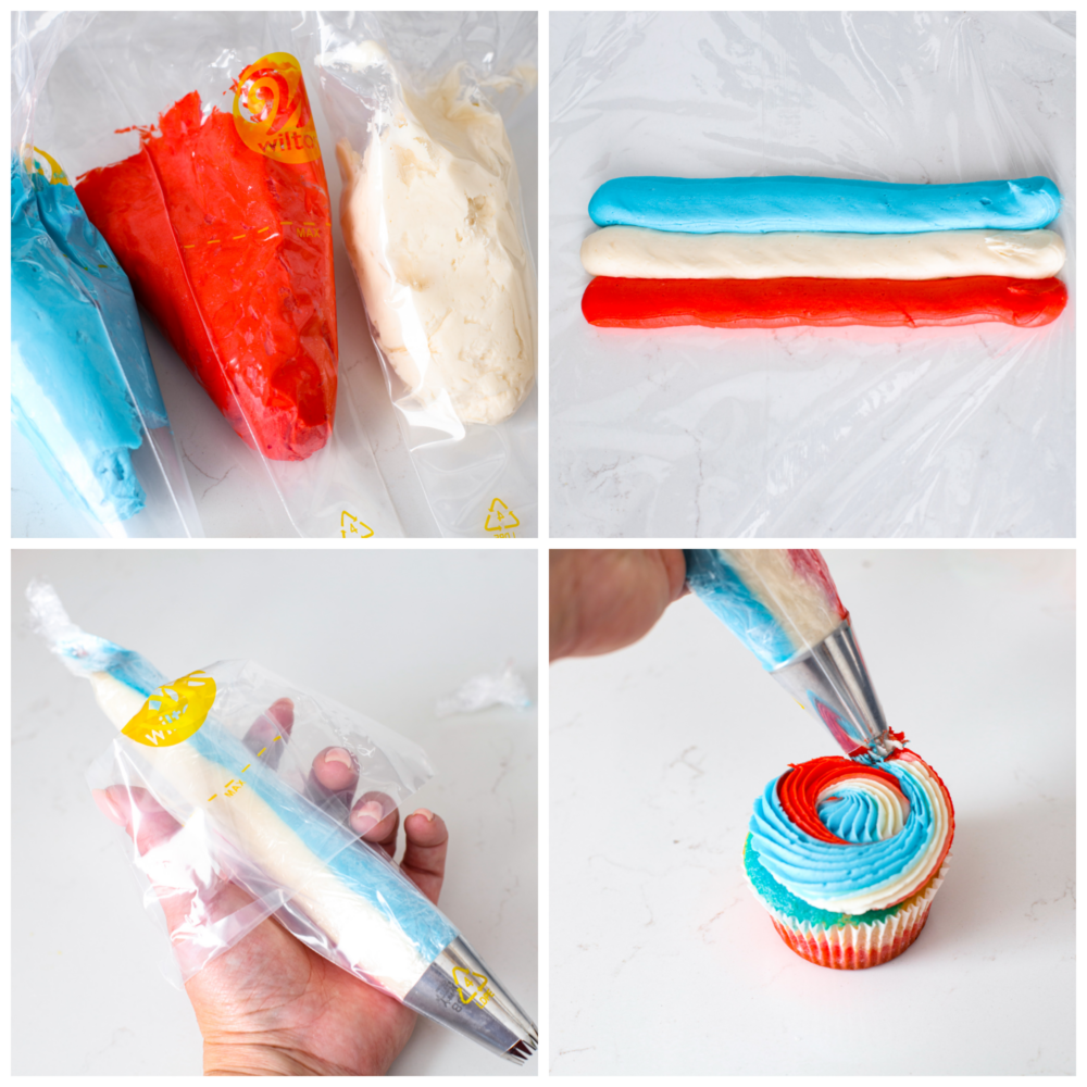 These festive red, white and blue cupcakes are perfect for celebrating the 4th of July this year! They are tender, moist, and swirled with all the colors perfect for celebrating! 4 pictures showing how to combine the frosting colors together to make a tie-dye swirl on top.
