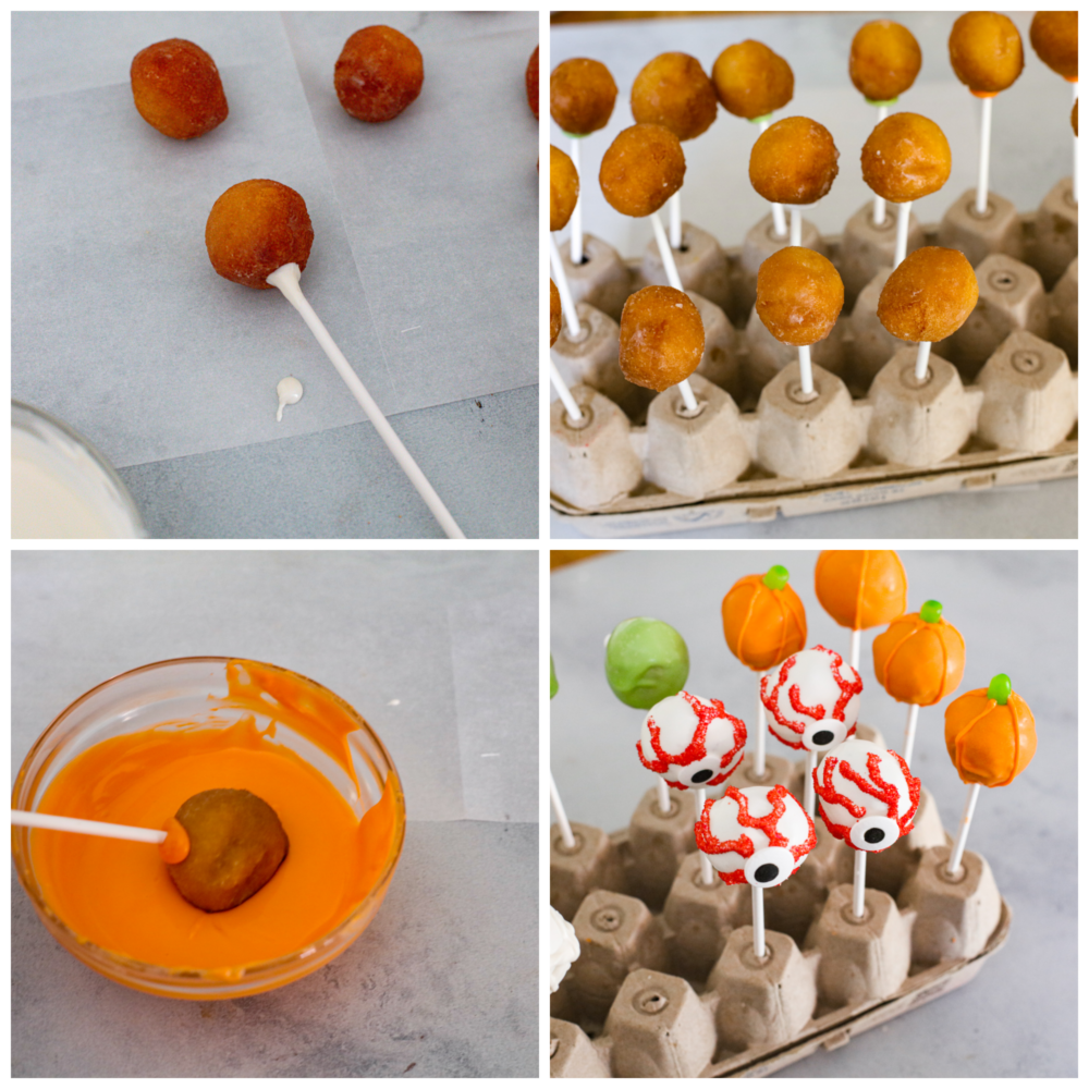 These easy, festive, and adorable Halloween donut hole pops will thrill your guests! Believe me when I say people can't stop talking about how adorable, and how delicious these pops are. You'll be so glad you served these at your Halloween party this year. 4-photo collage of donut holes being assembled, dipped in candy melts, and decorated.