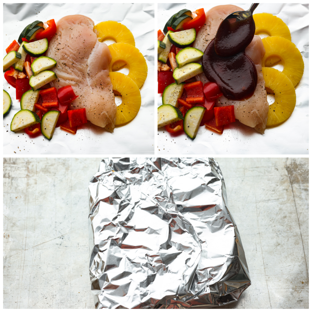 Grilled Hawaiian barbecue chicken that is made in foil has the most amazing sweet and tangy pineapple barbecue sauce! It grills to perfection with fresh pineapple and delicious summer veggies! 3 pictures showing how to add the hawaiann bbq chicken and ingredients to the foil and wrap it all up.