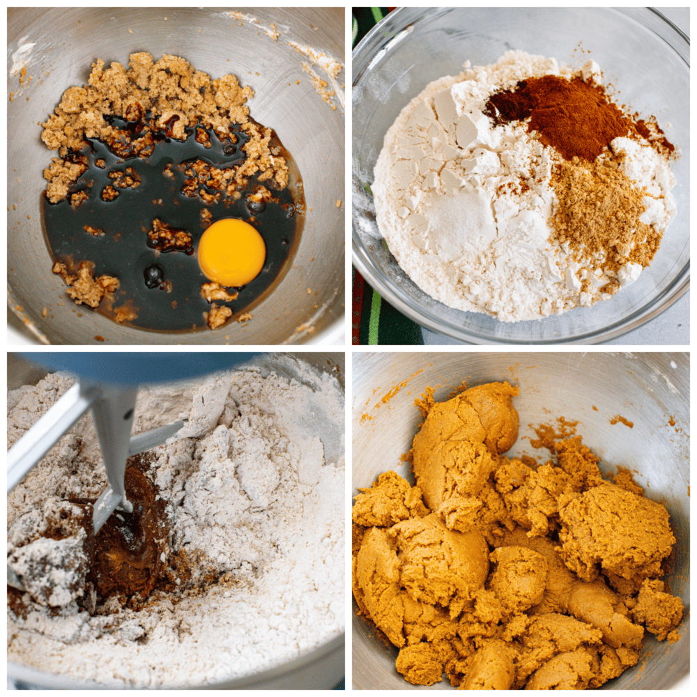 Nothing says holiday season like a Gingerbread house sitting on the counter! This recipe includes the recipe for gingerbread, a template to print out the ginger bread house pieces, and how to make the royal icing. This is the perfect recipe for the whole family to enjoy! Process photos showing the ingredients to be creamed in a bowl, the dry ingredients mixed together, the dry ingredients added to the wet, and them all mixed together.
