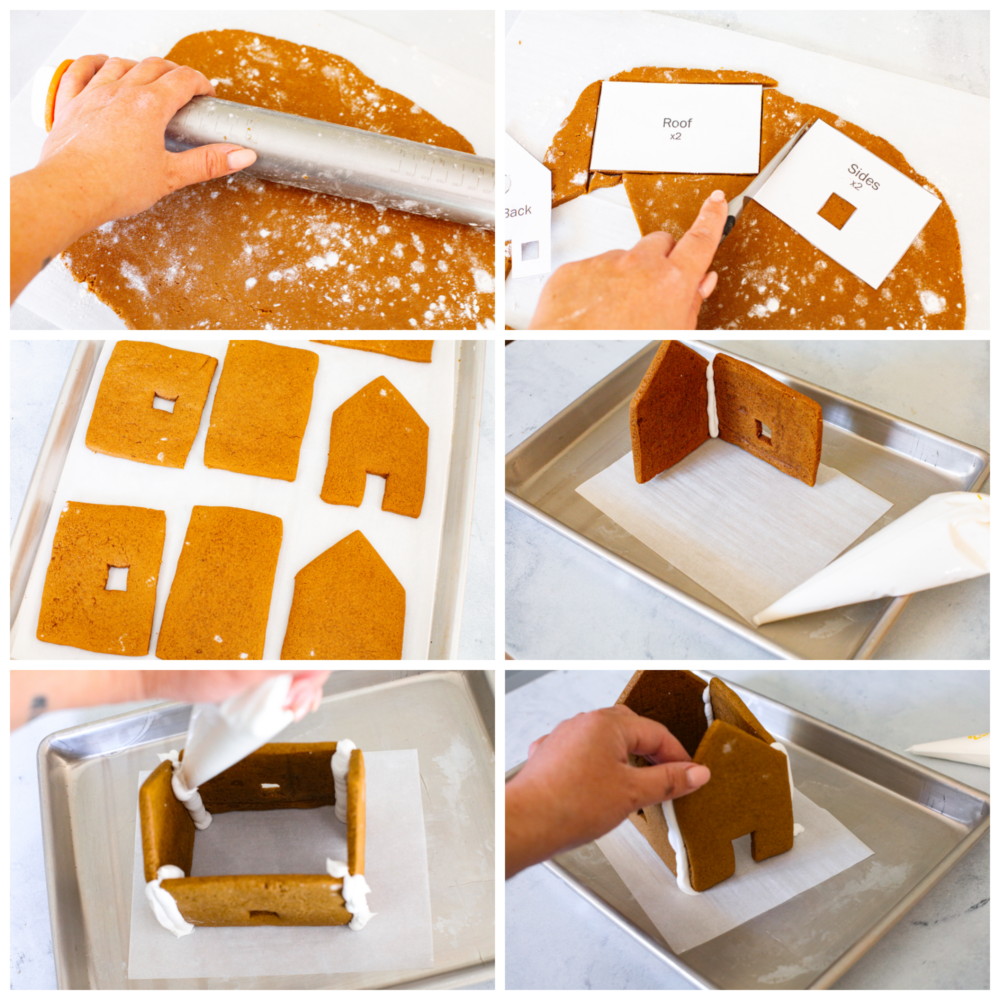 Nothing says holiday season like a Gingerbread house sitting on the counter! This recipe includes the recipe for gingerbread, a template to print out the ginger bread house pieces, and how to make the royal icing. This is the perfect recipe for the whole family to enjoy! Process photos showing the dough rolled out and cut into gingerbread house shapes, then baked and assembled on a pan with parchment.