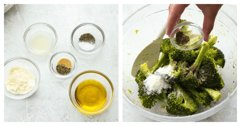 The perfect side dish for summer, parmesan garlic grilled broccoli is cooked to perfection and packed with so much flavor! It's the best addition to any barbecue. 2-photo collage of seasonings being added to a bowl of fresh broccoli.