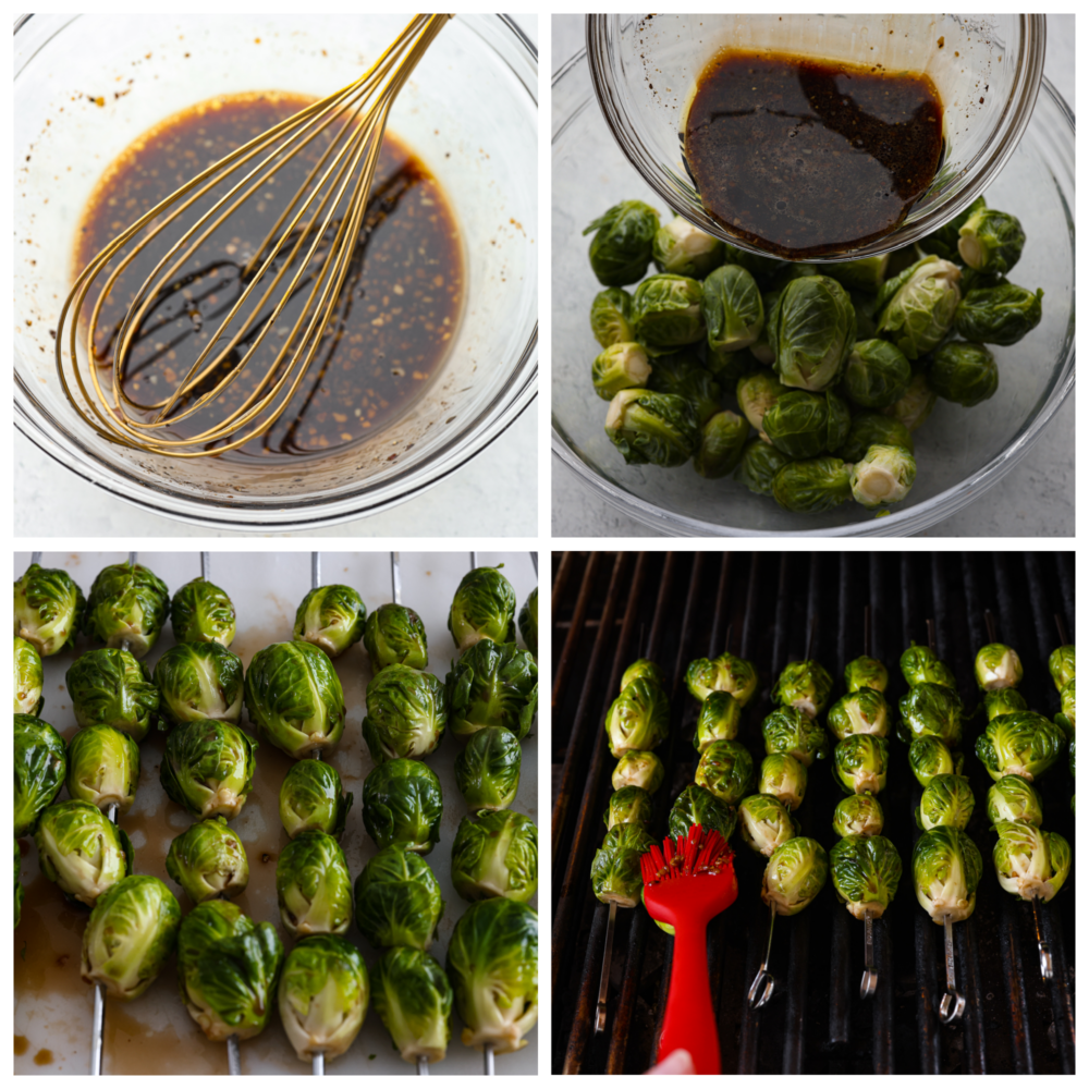 Crispy on the outside, tender on the inside, and topped with a balsamic honey glaze, these grilled brussels sprouts are the best side dish for summer and early fall! The amazing tangy flavor and tender, caramelized texture of these brussels sprouts will make even the pickiest of eaters a fan. 4-photo collage of balsamic glaze being prepared and brushed onto brussels sprouts skewers.