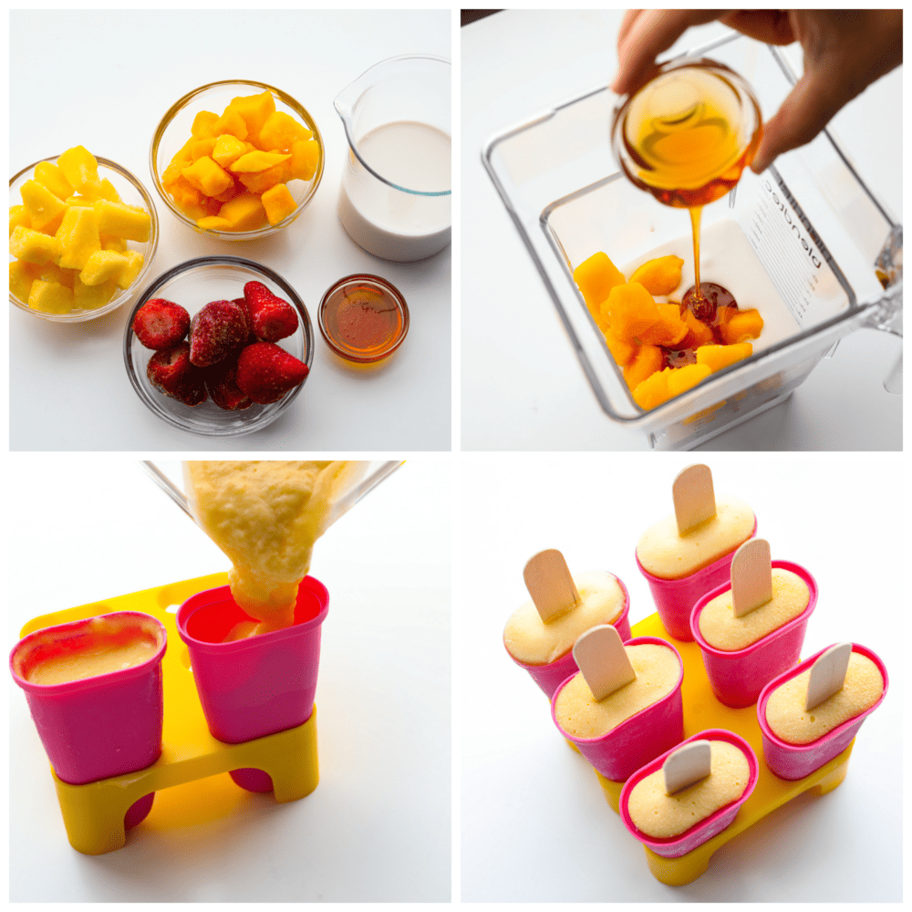 These fresh and fruity homemade popsicles will keep you cool all summer! They're naturally sweetened with honey and coconut milk for a refreshing, tasty treat. 4-photo collage of fruit being blended and added to popsicle molds.