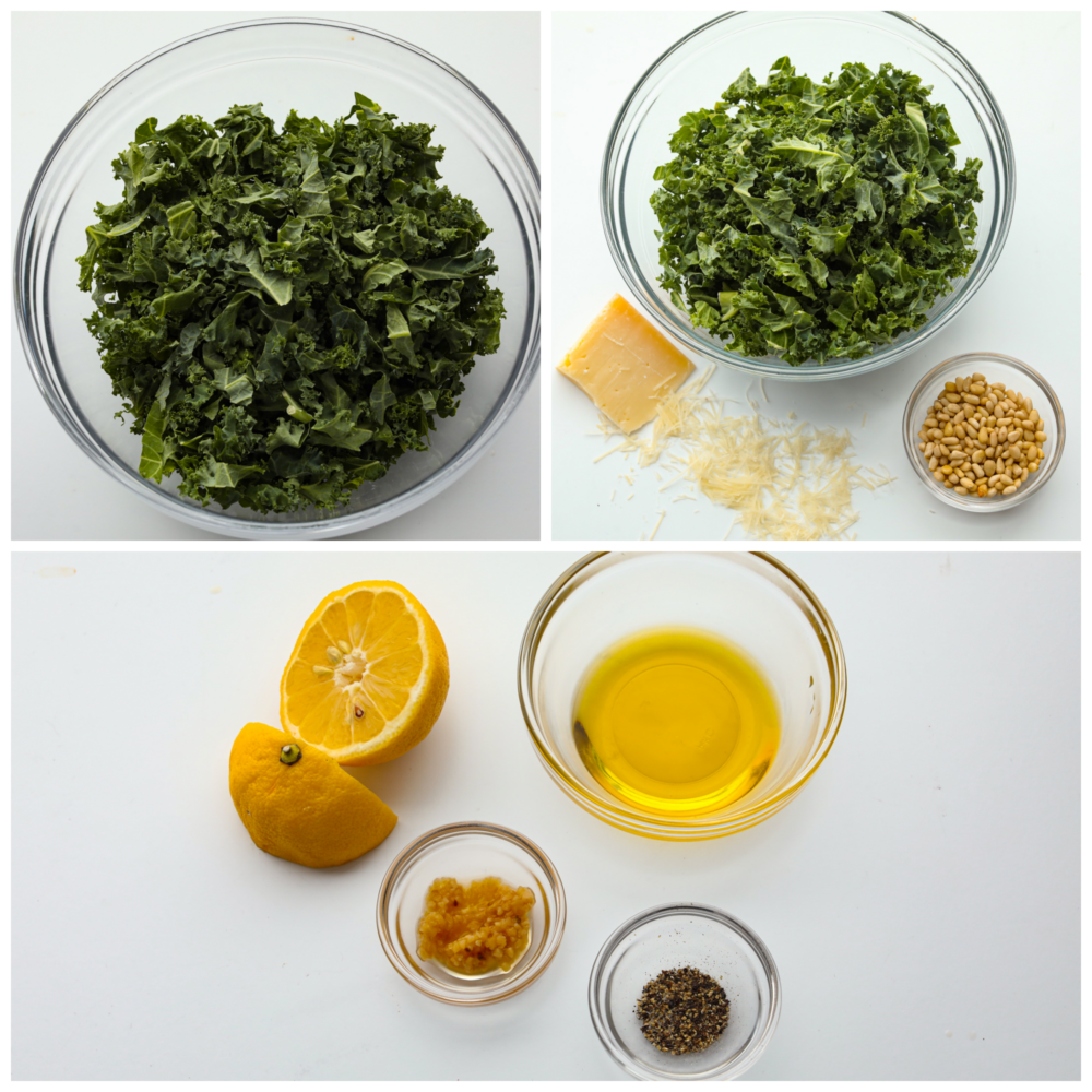 If youโre looking for a tasty way to incorporate more leafy greens into your diet, this is it! This kale salad is tossed with parmesan, lemon, and pine nuts for a bright and fresh flavor combination you won't be able to resist! 3-photo collage of salad and dressing being prepared.