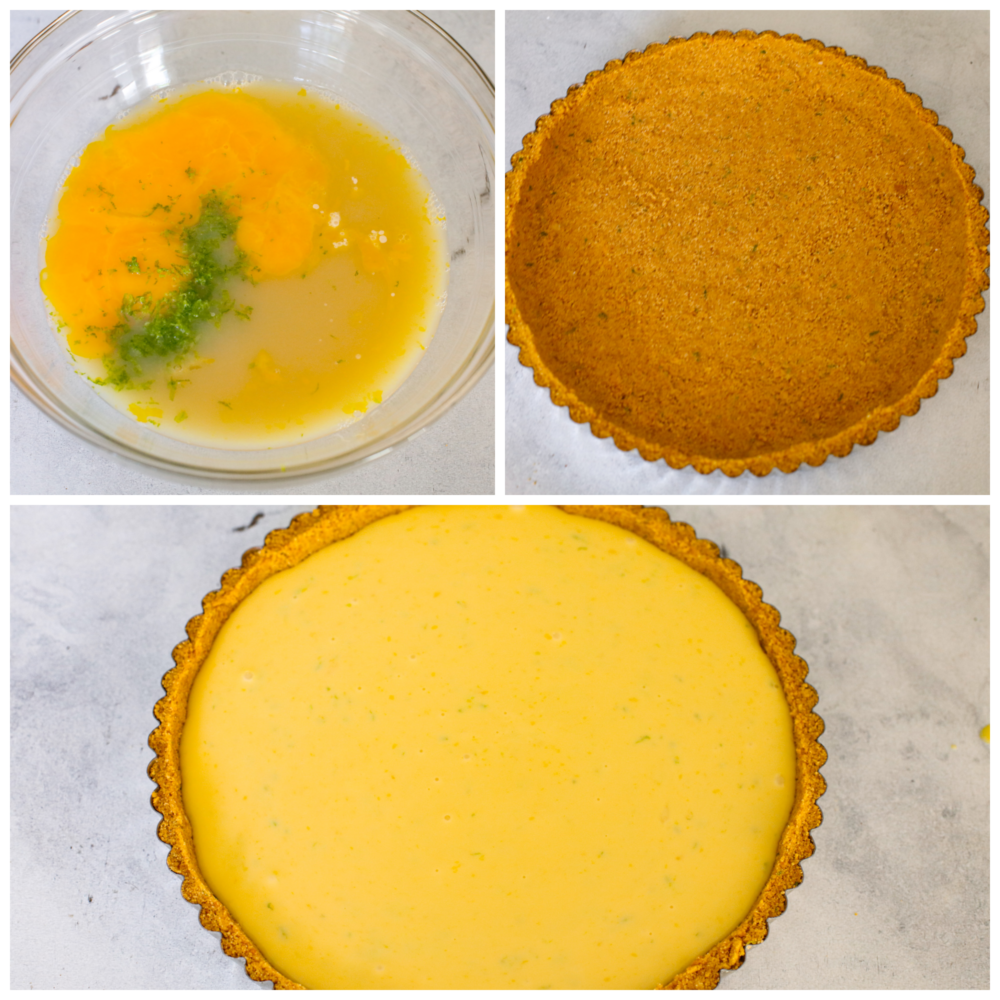 This traditional key lime tart with a graham cracker crust is a must-make dessert for the summer! Each bite is creamy, juicy, and the perfect balance of tart and sweet! 3-photo collage of tart crust and filling being prepared.